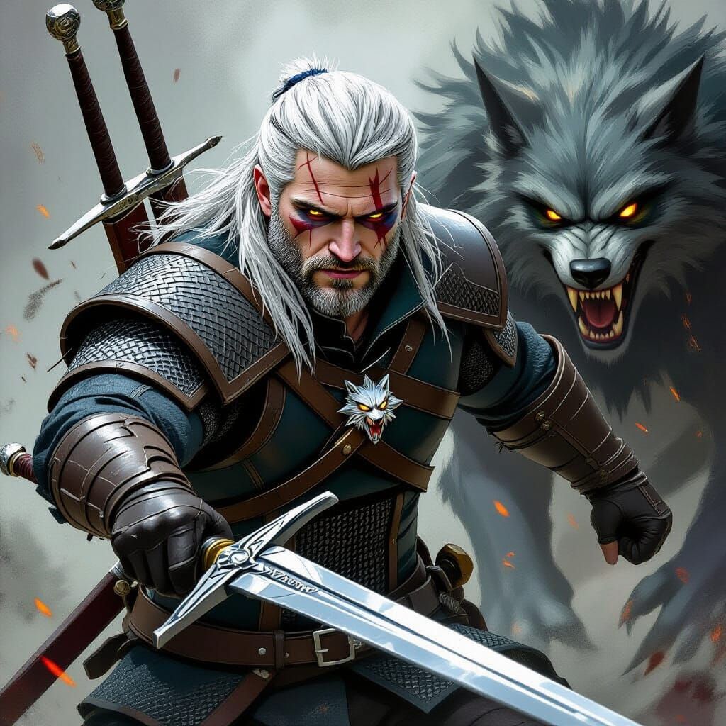 Geralt of Rivia in Intense Battle, Digital Art