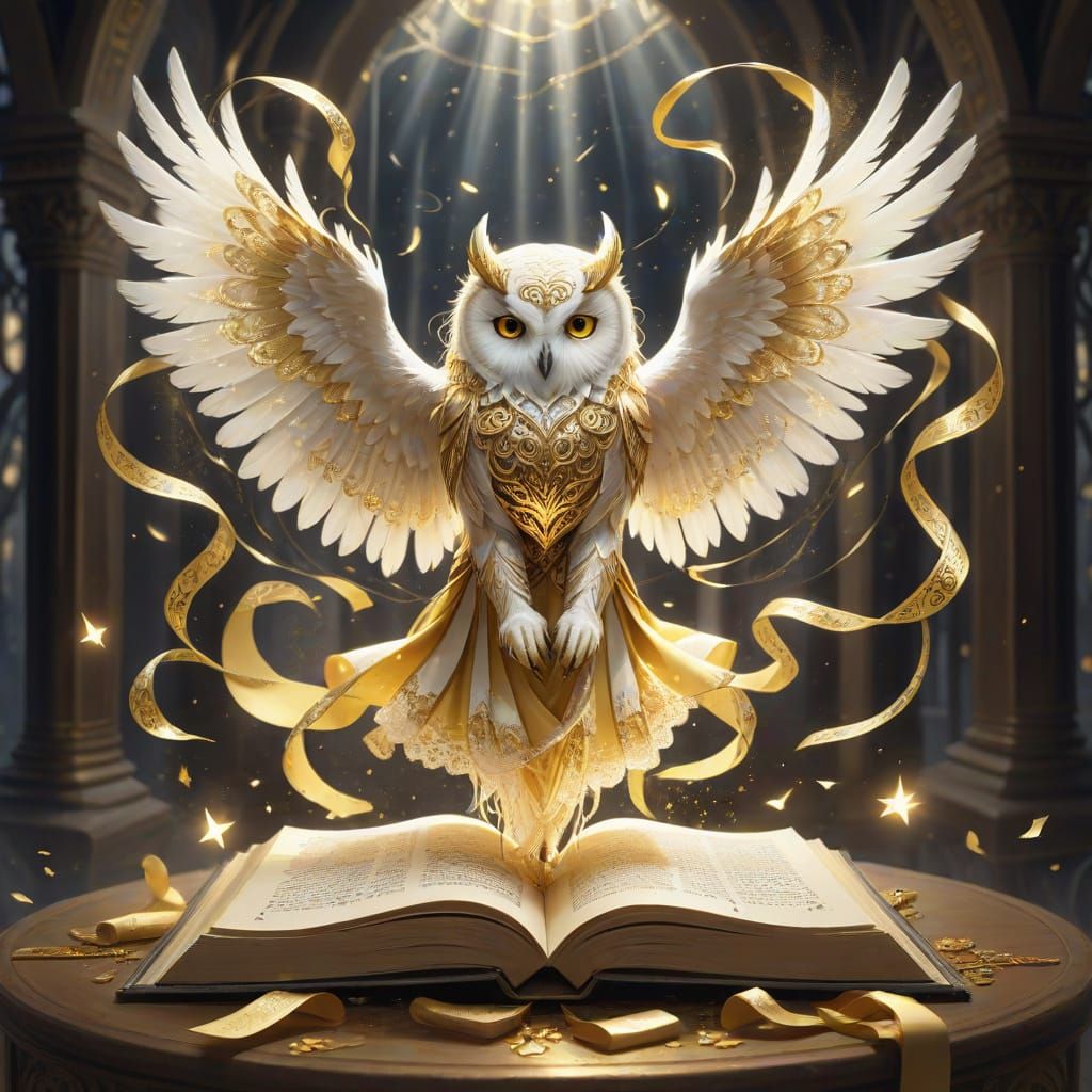 Ethereal Golden Owl Instructor Radiating Magic in Anime Styl...