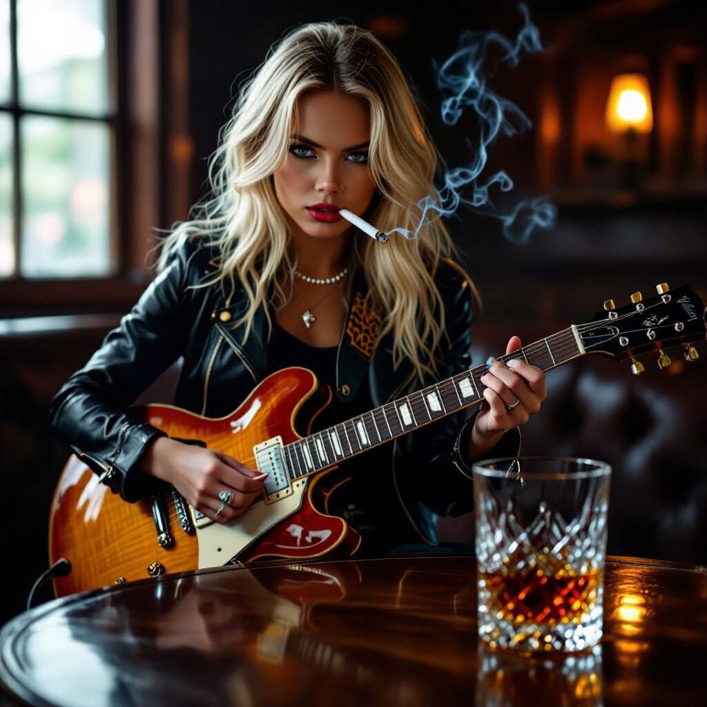 Blonde Guitarist with Whisky and Cigarette