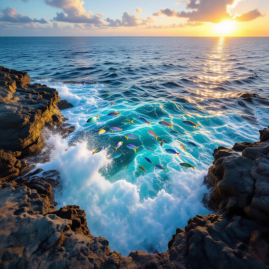Vibrant Fish Leap From Cerulean Ocean at Golden Hour