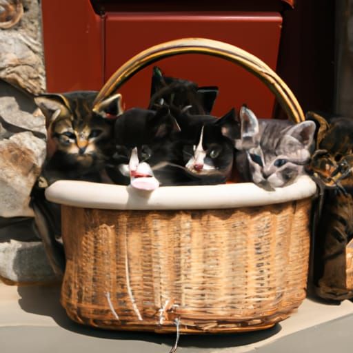 Basket of Kittens on a Doorstep