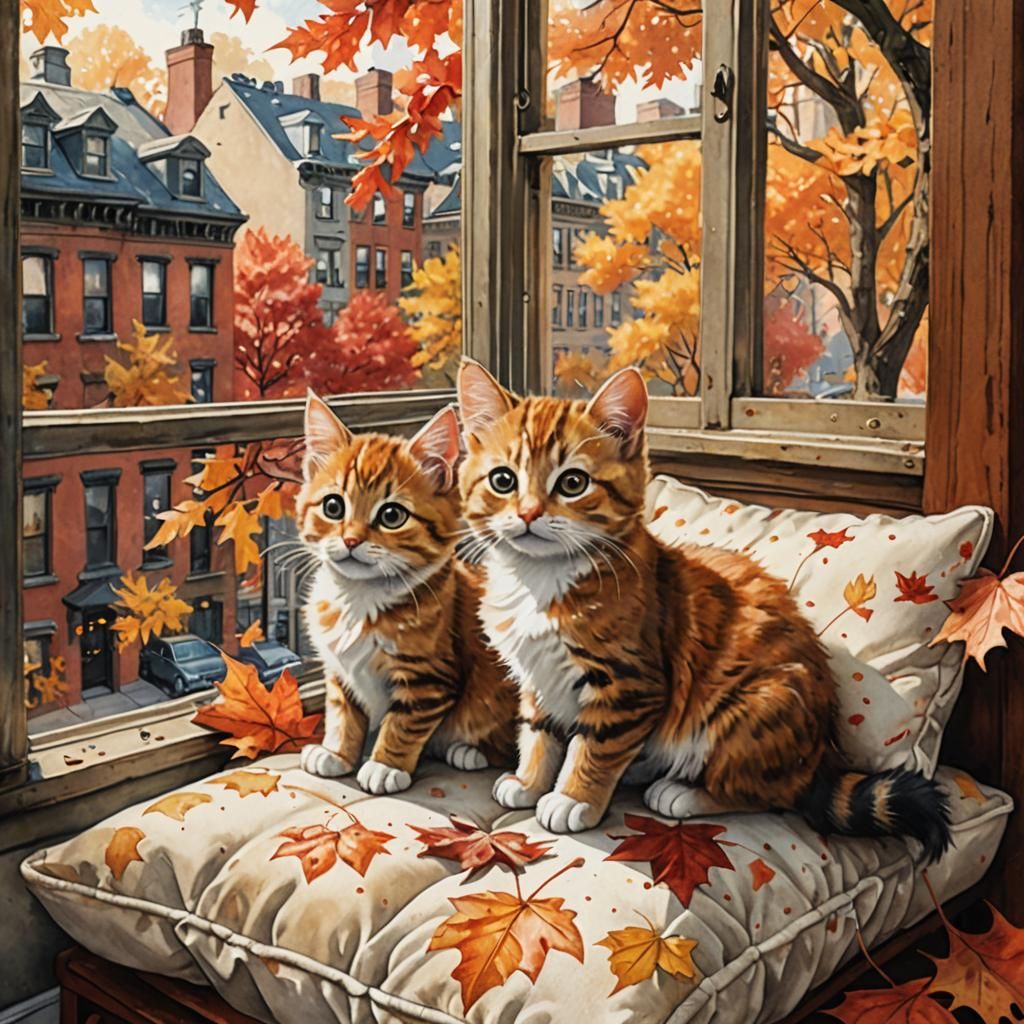 Chibi Kittens in Brooklyn Brownstone Window Seat