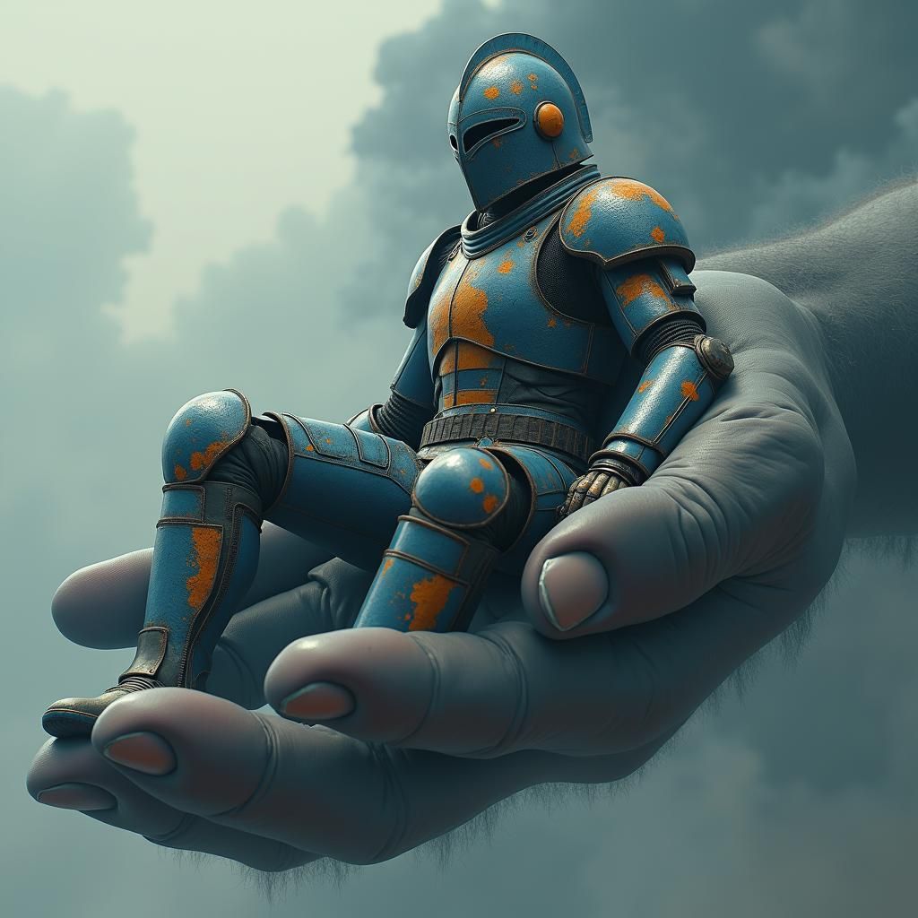 Stormpunk Knight in Giant's Hand: Anime-Inspired Art