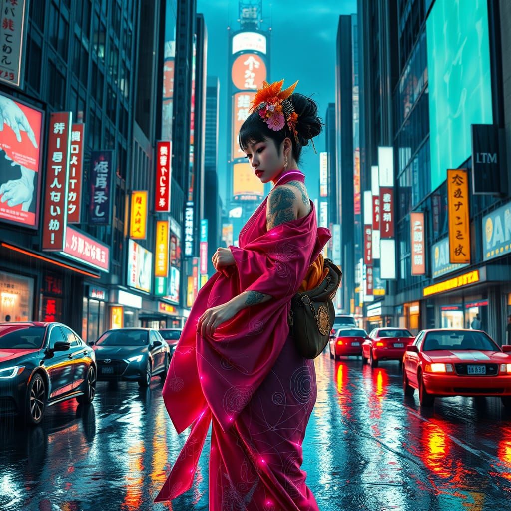 Hyperrealistic Cyberpunk Geisha in Tokyo Streets