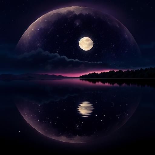 Full Moon Mirrored in Lake at Night