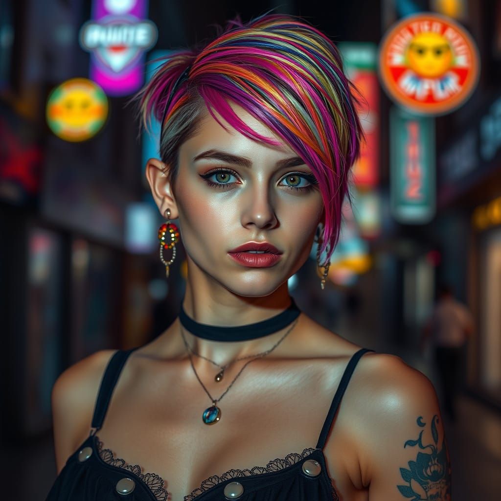 Gothic Cyberpunk Woman with Rainbow Hair at Night