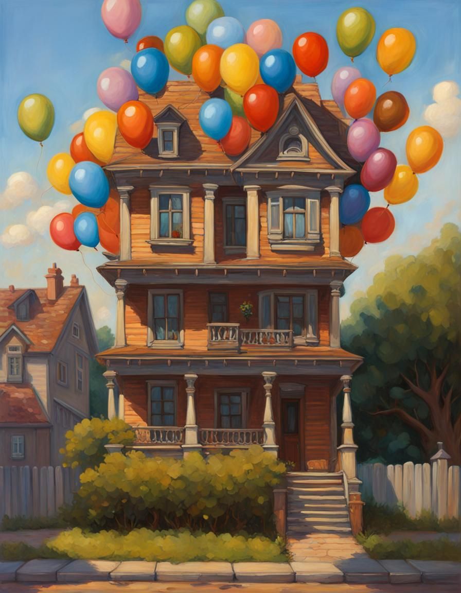 Floating House with Balloons as Oil Painting