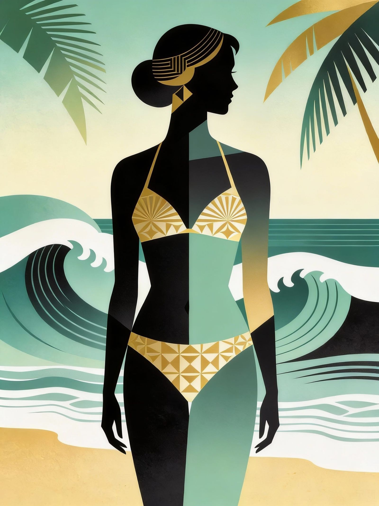 Mid-Century Folk Art: Woman on Beach in Bikini