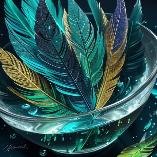 Emerald Crystals and Feathers in Surreal Oil Painting