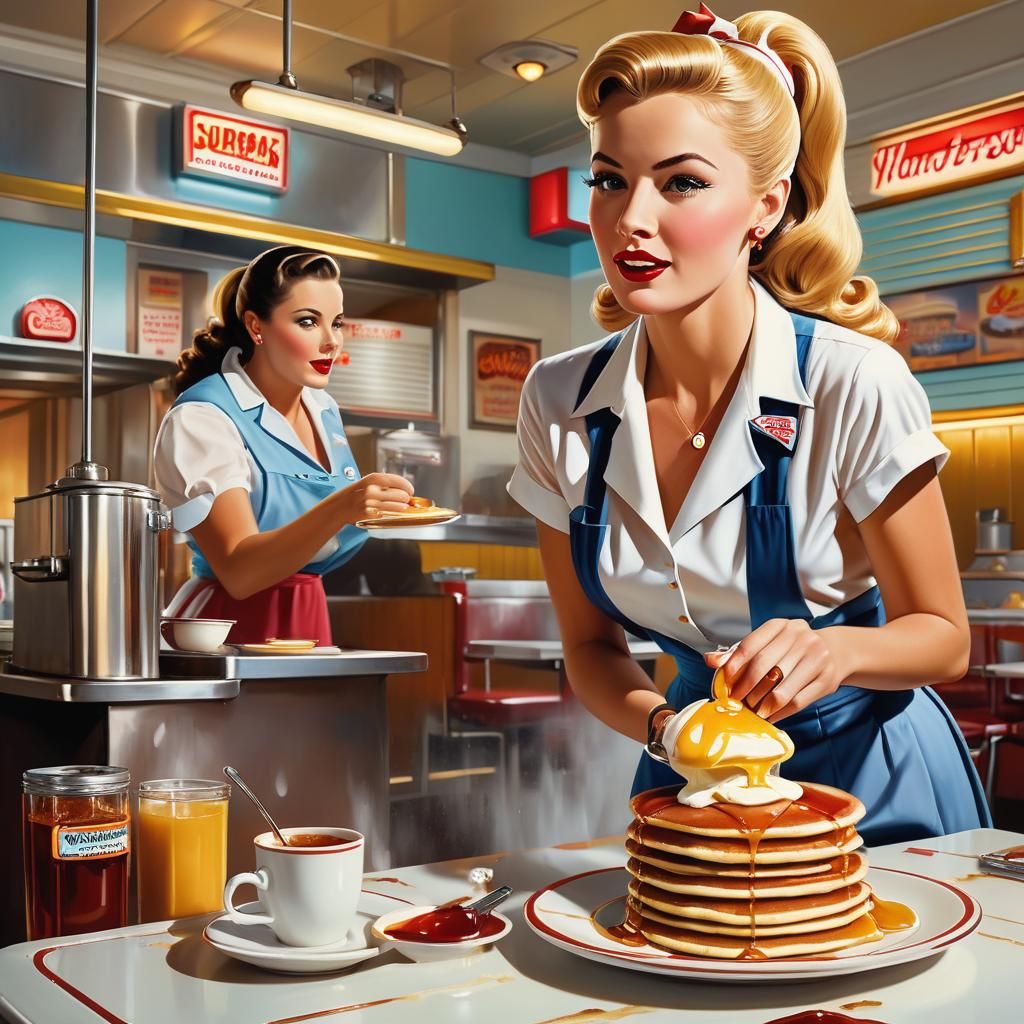 Pancakes with Syrup in Retro American Hyperrealism