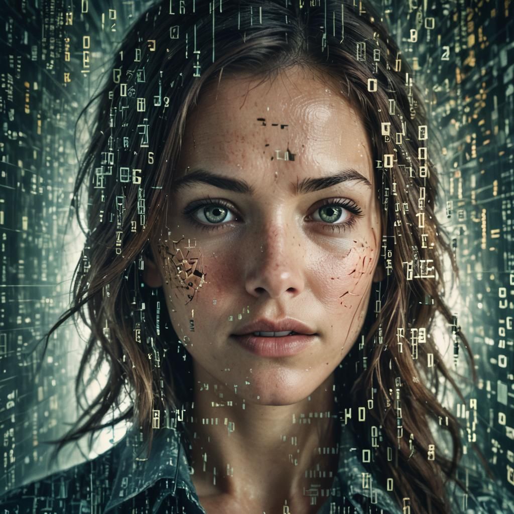 Attractive Female Face Breaking into Digital Code