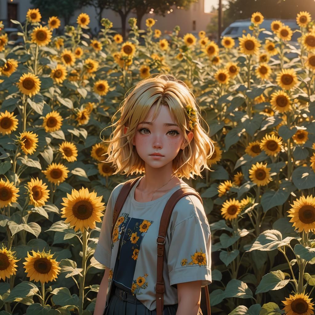 Girl with Sunflower Hair at Golden Hour in Anime Style