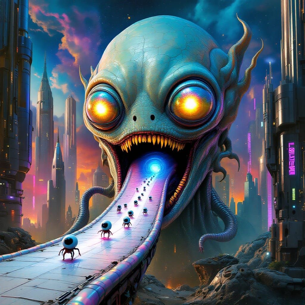 Surreal Futuristic Alien Head in a Dreamlike Metropolis