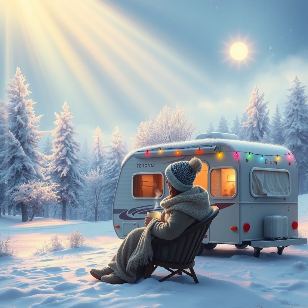 Whimsical Winter Wonderland with RV and Snowy Trees
