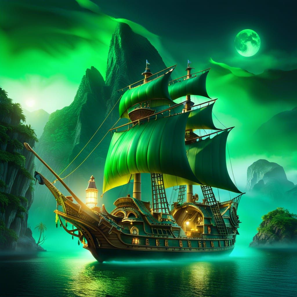 Pirate Ship Sails Fantasy Neverland in Dark Fantasy Style