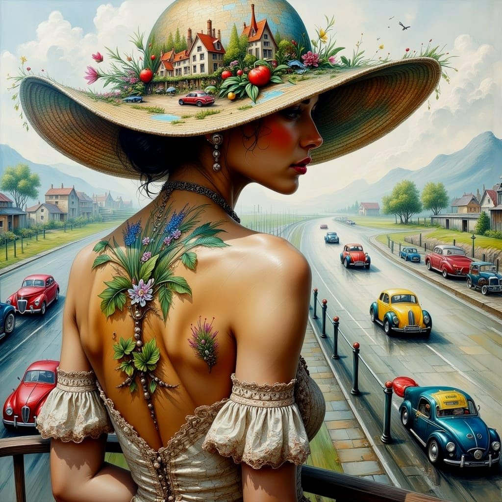 Stylish Lady with Village Hat in Double Exposure