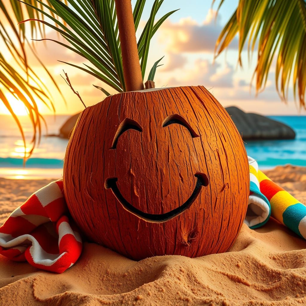 Vibrant Beachside Coconut Portrait in the Style of Romero Br...