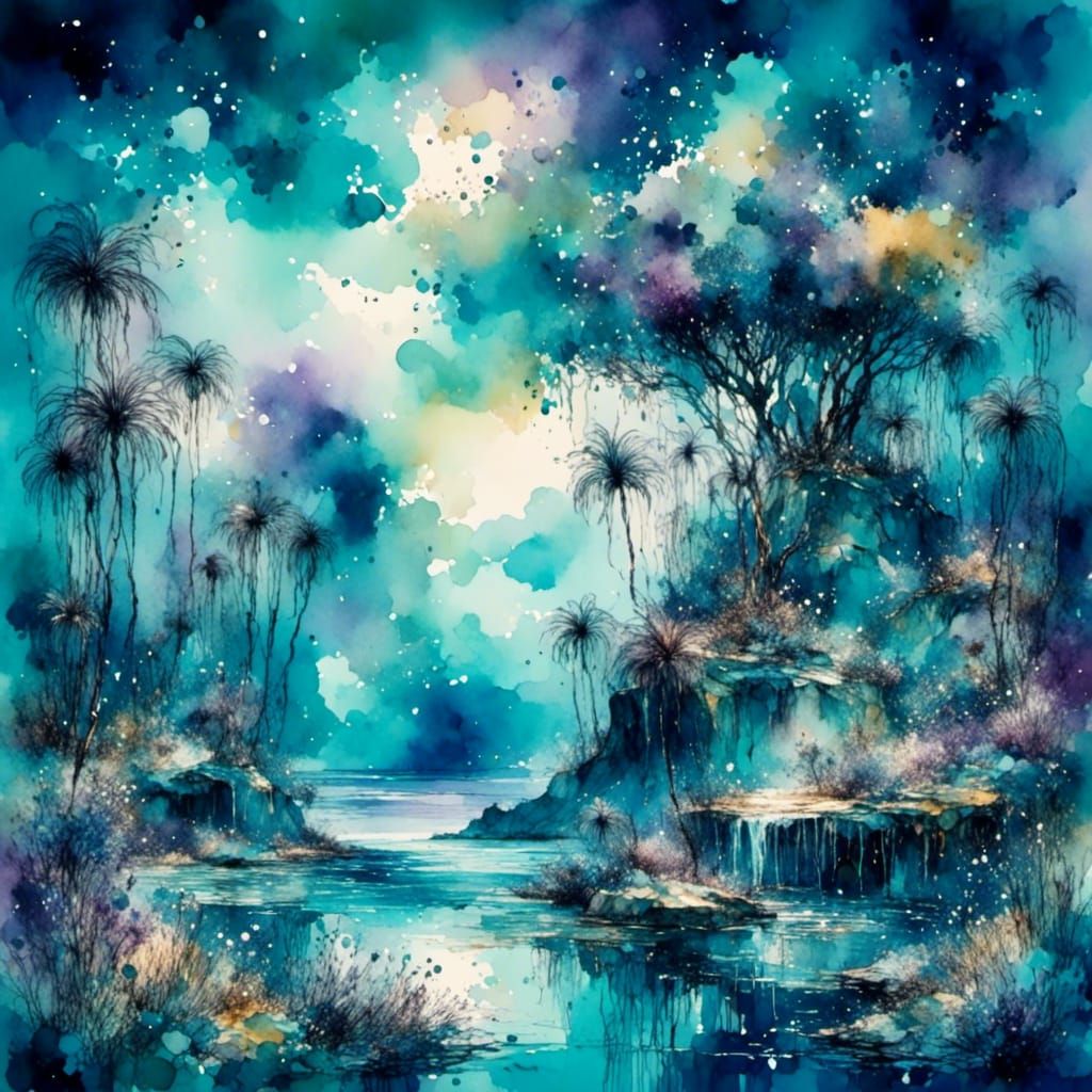 Mystical Floating Islands in Watercolour Style