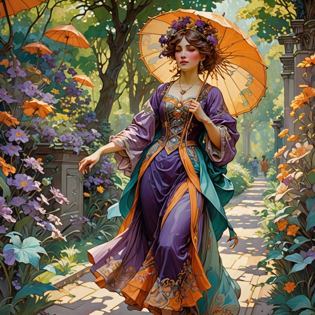 Victorian Lady in Garden, Art Nouveau Style