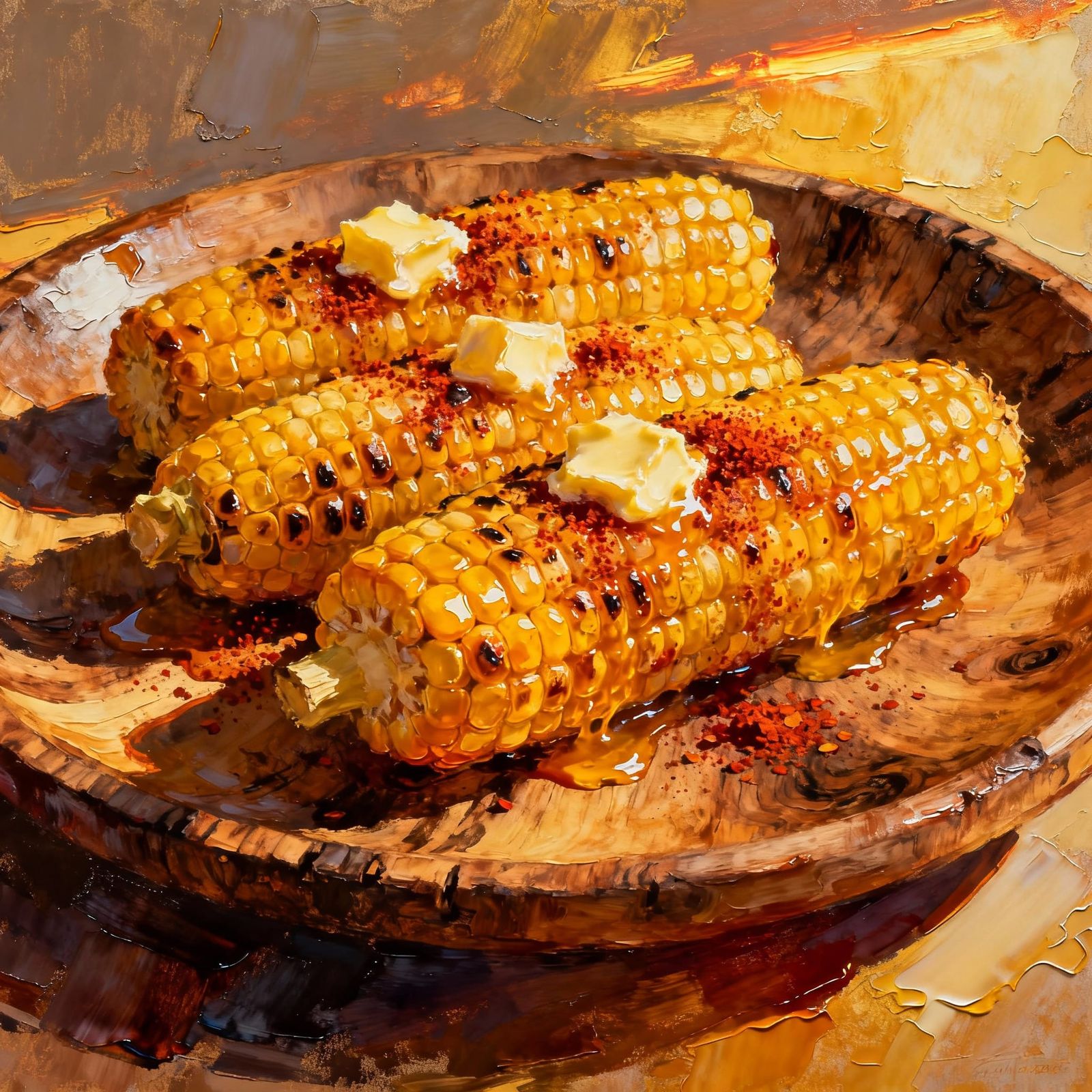 Fresh Elote Corn in Encaustic Painting Style