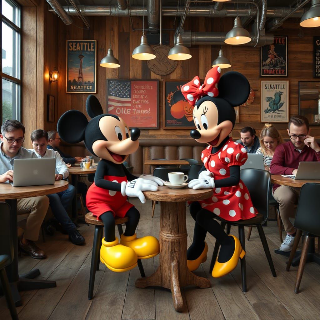 Whimsical Cartoon Duo in Seattle Cafe