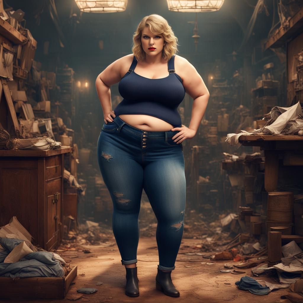 Chubby Woman Buttons Jeans, Detailed Digital Art