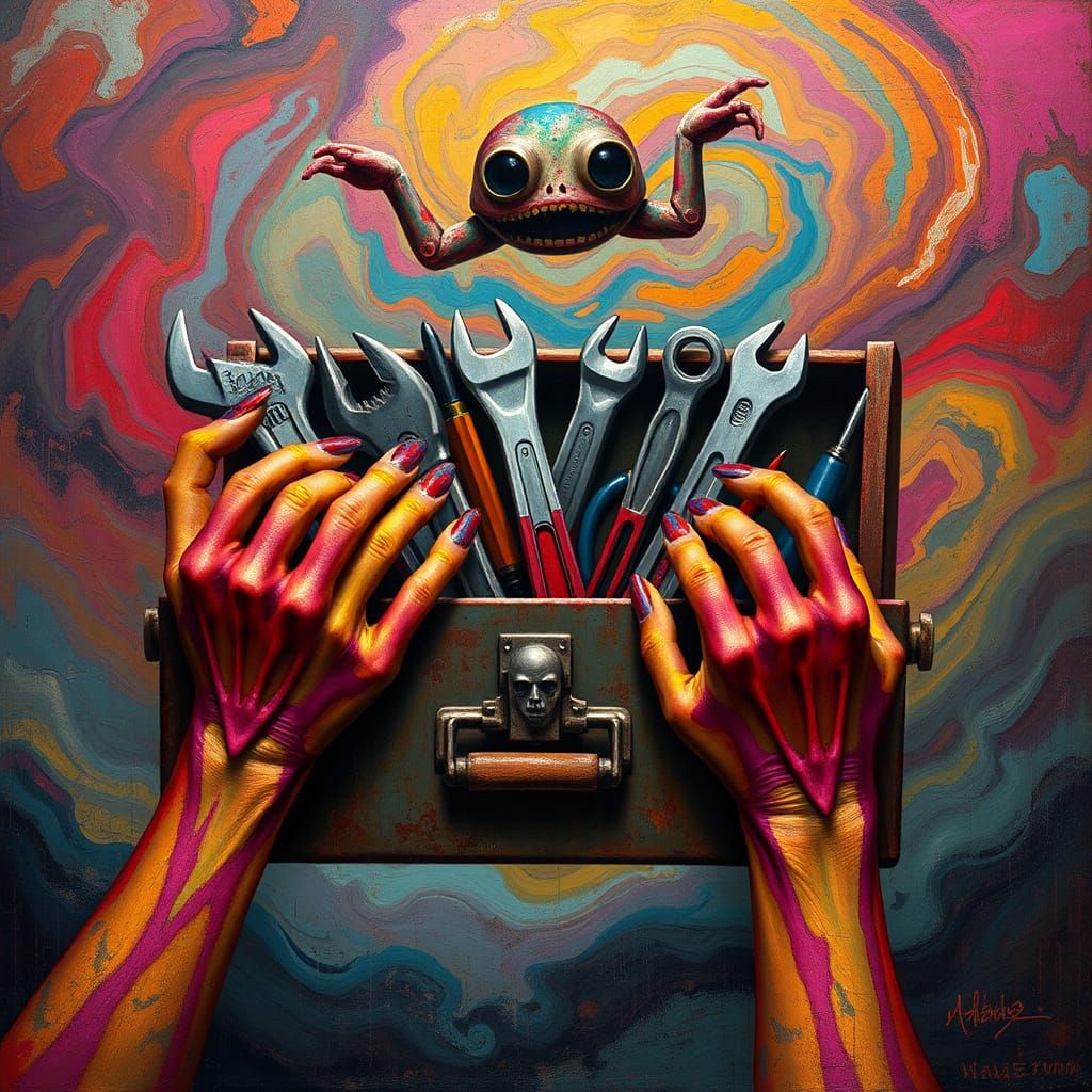 Surreal Hands Grasping Tools in Psychedelic Landscape