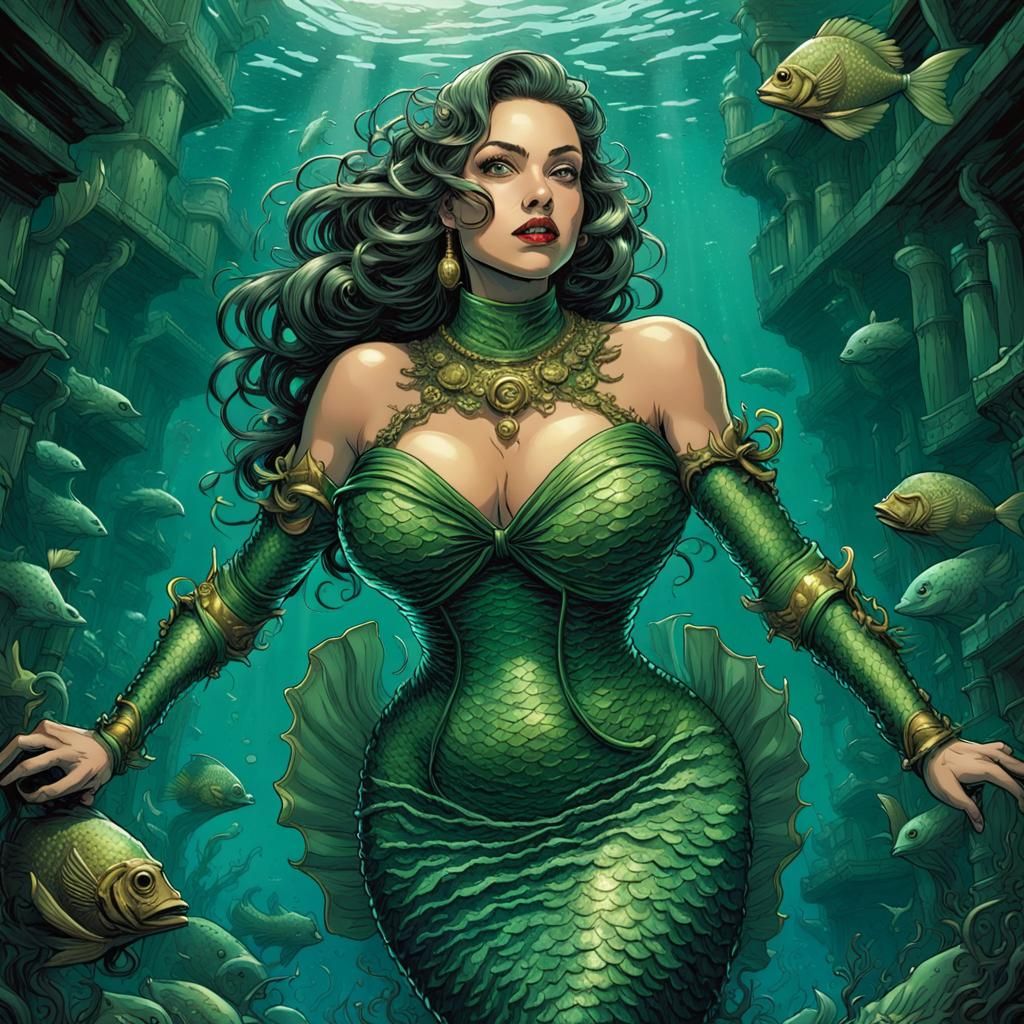 Green Mermaid in Sunken Ship: Comic Book Art