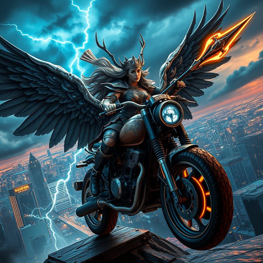 Valkyrie Rides Lightning Motorcycle Through Cyberpunk City