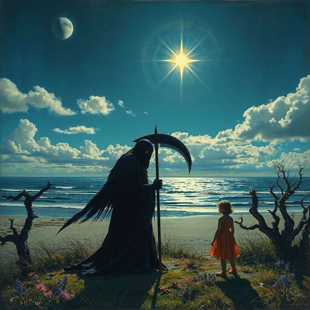 Leaden Star Over Shattered Sky and Girl on Seashore