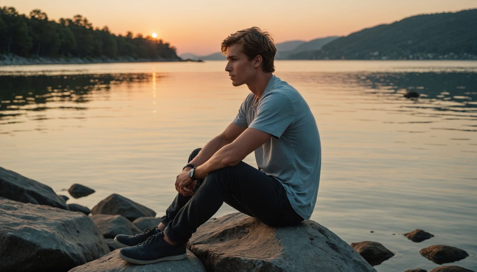 Contemplative Sunset Scene by the Water