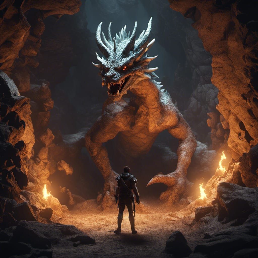 Dragon Cave Encounter in 3D Game Cinematic Style