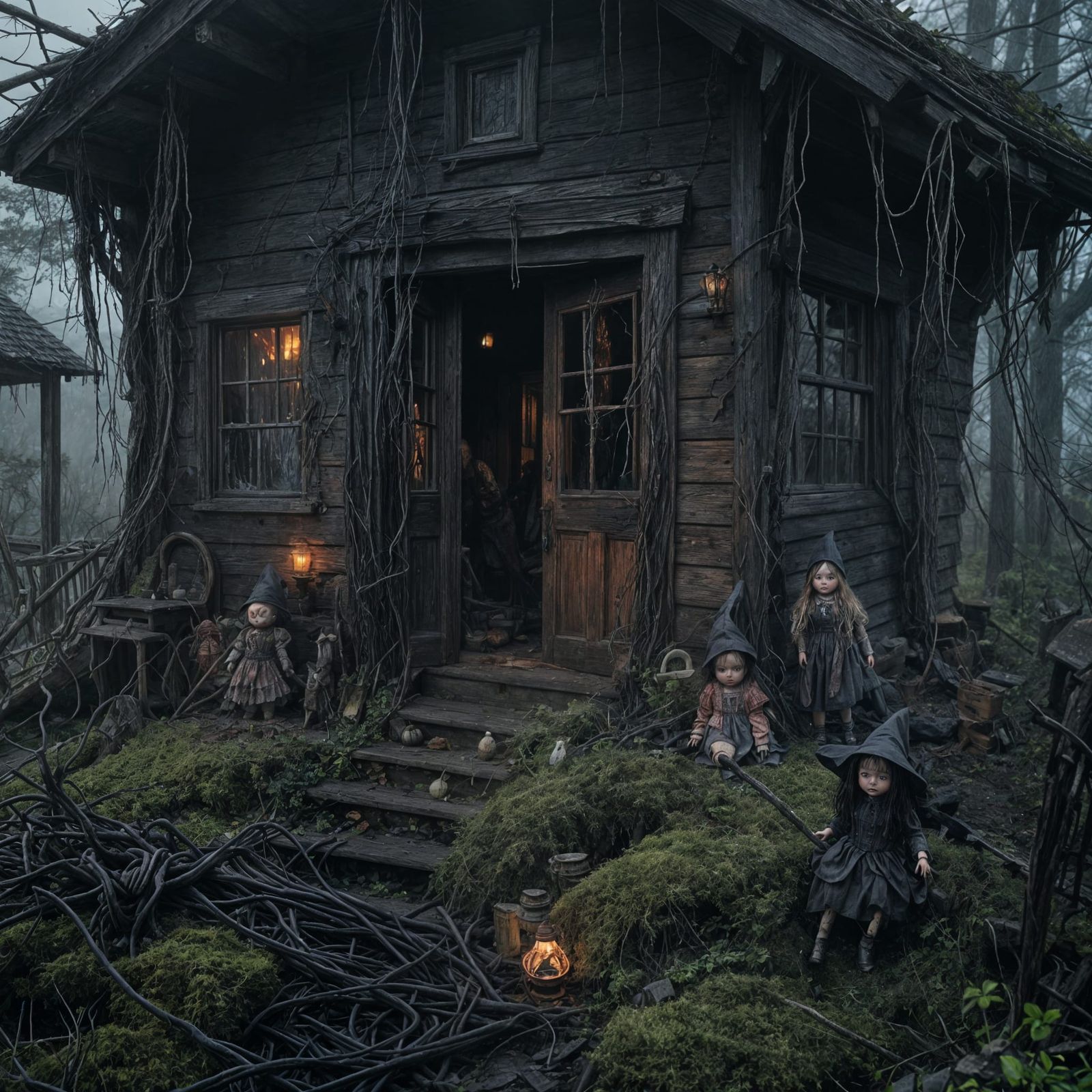 Haunted Witch House in Foggy Swamp with Techno Cables