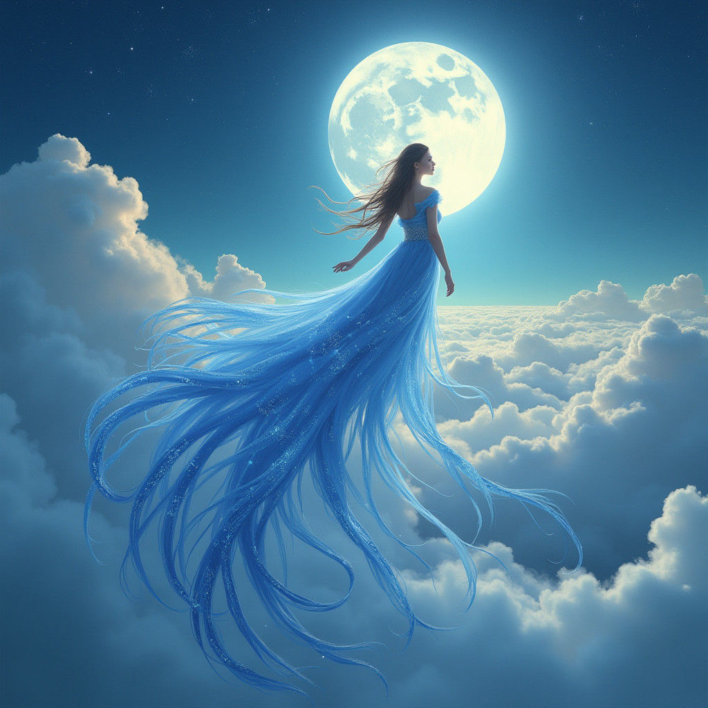 Woman in Phoenix Garments Amidst Luminous Clouds