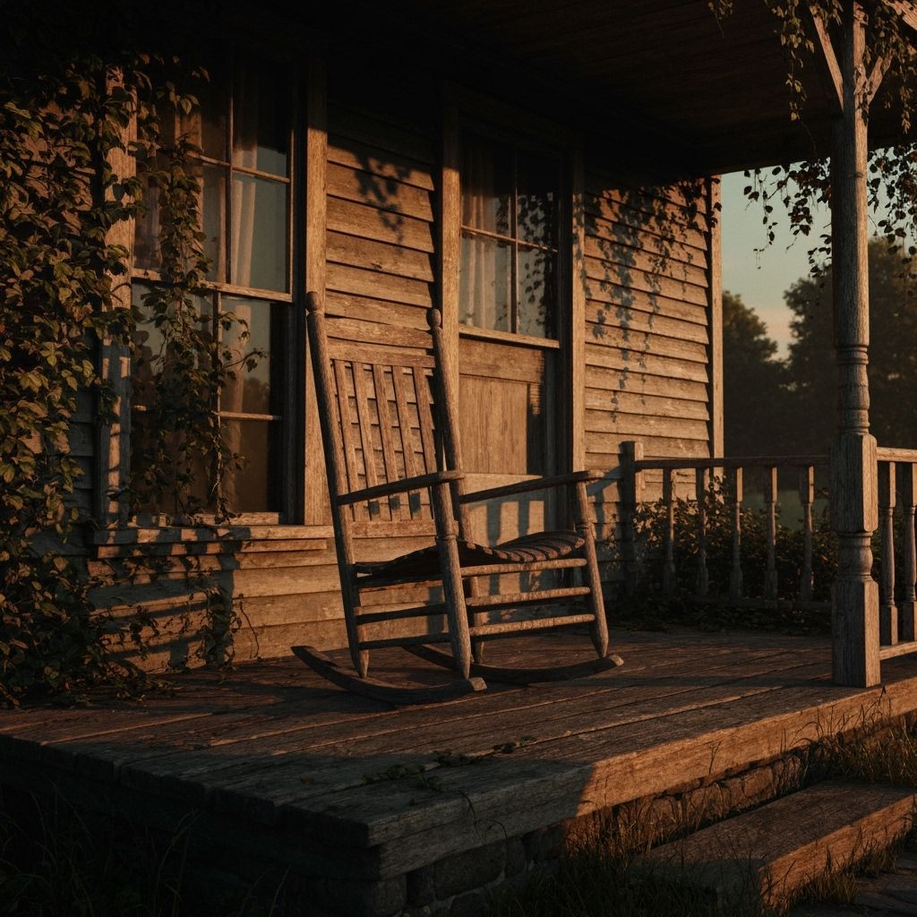 Rustic Farmhouse Porch at Sunset: A Cinematic Scene