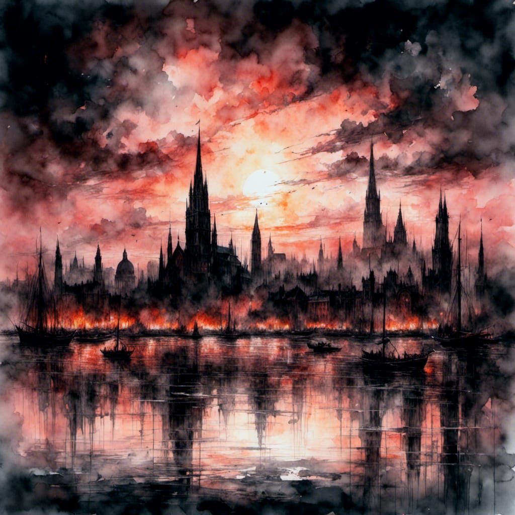 Cityscape at Sunset in Watercolor Style