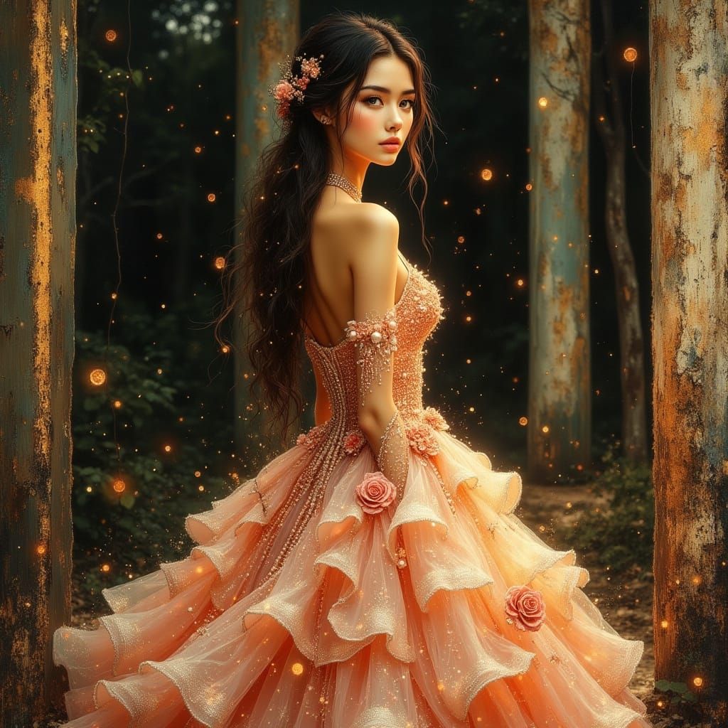 Elegant Woman in Rose and Copper Ball Gown
