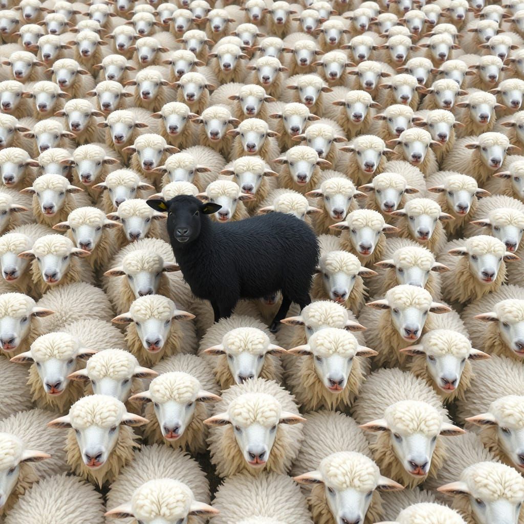 A Lone Black Sheep Amidst a Flock of White
