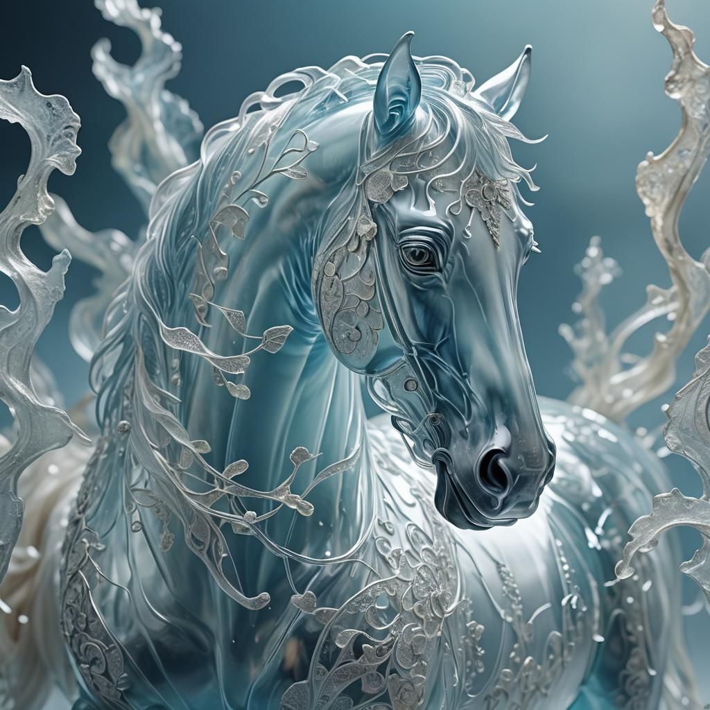 Glass Horse Sculpture in Dreamlike Anime Art Style