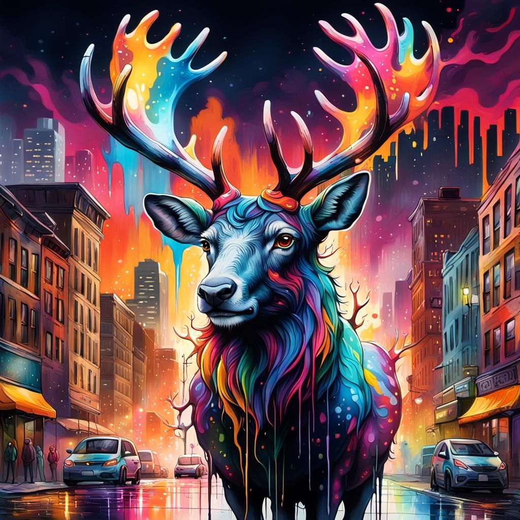 Majestic Hart in Melting Cityscape Street Art