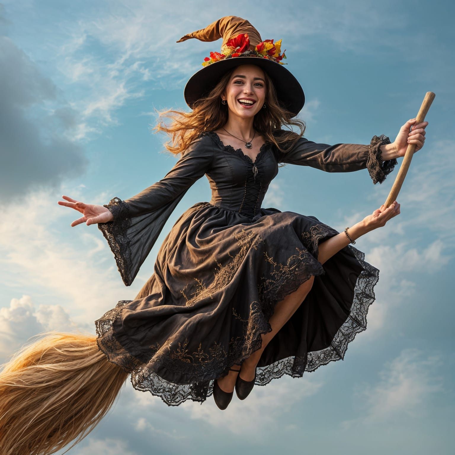 Magical Witch Soars on Broomstick in Stunning Hyperrealistic...