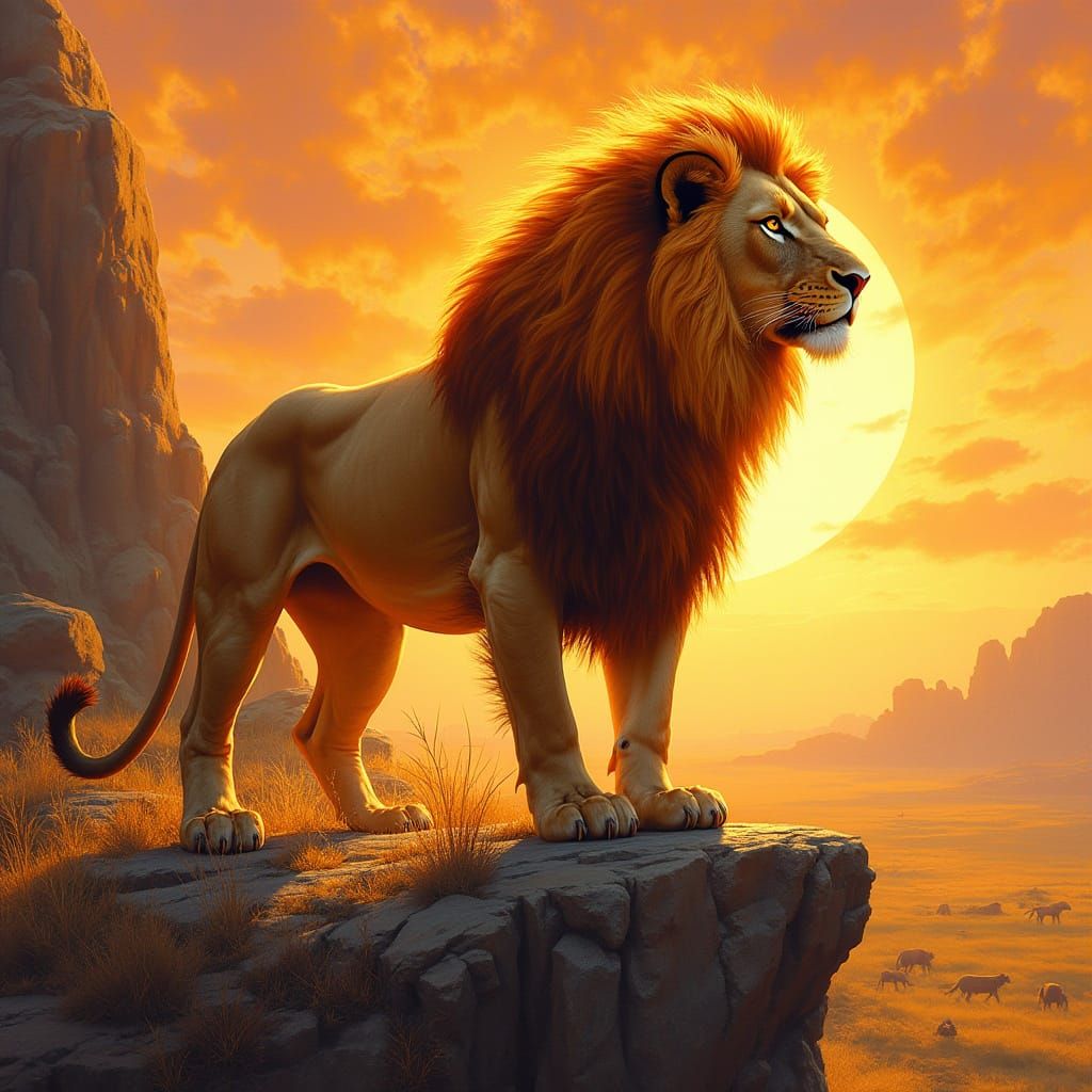 Fiery Lion Overlooking Savannah in Art Nouveau Style