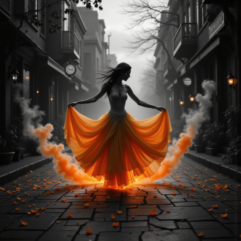 Surreal Grayscale Cityscape with Orange Mist Dancer