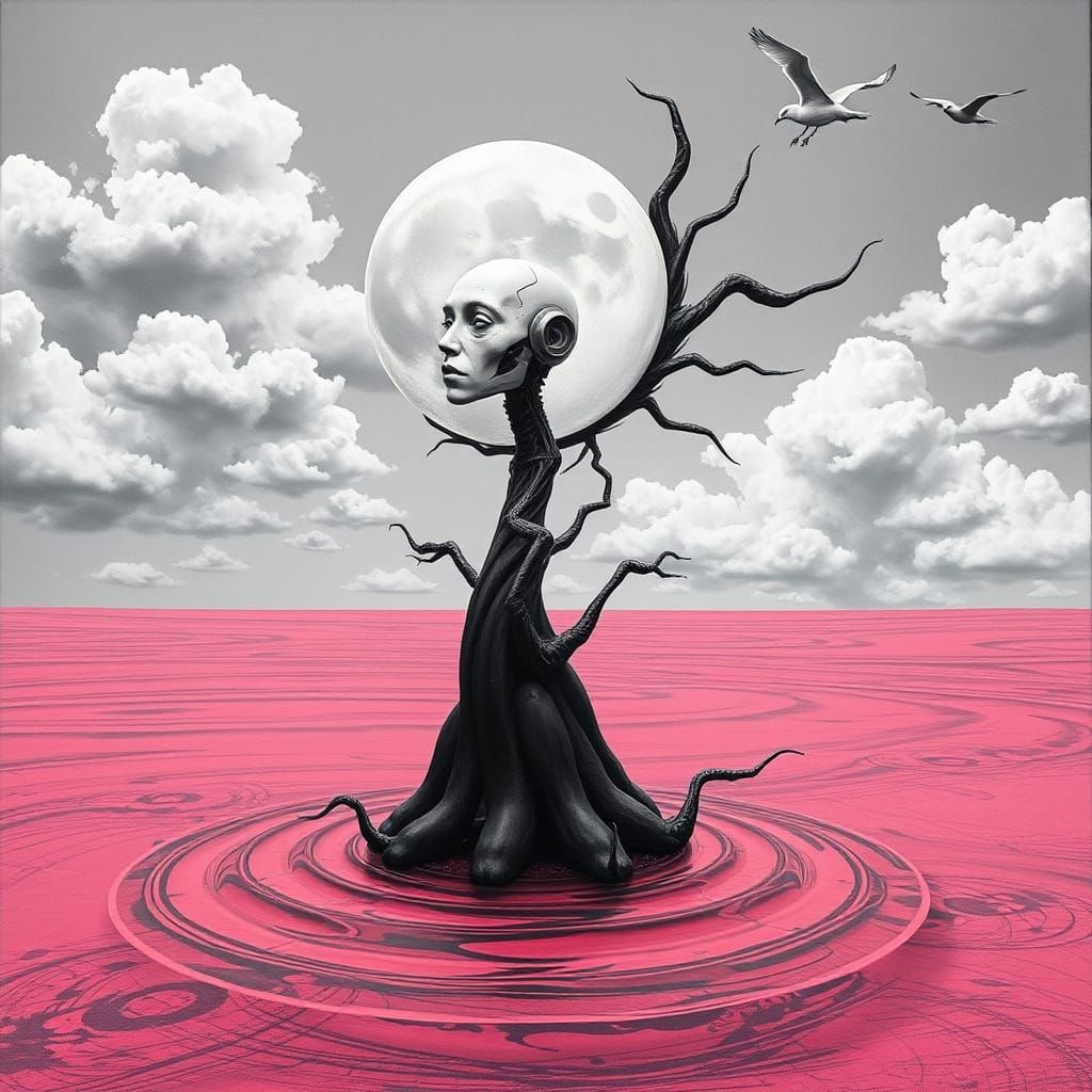 Surrealist Moon Robot Dissolves into Distorted Tree in a Red...