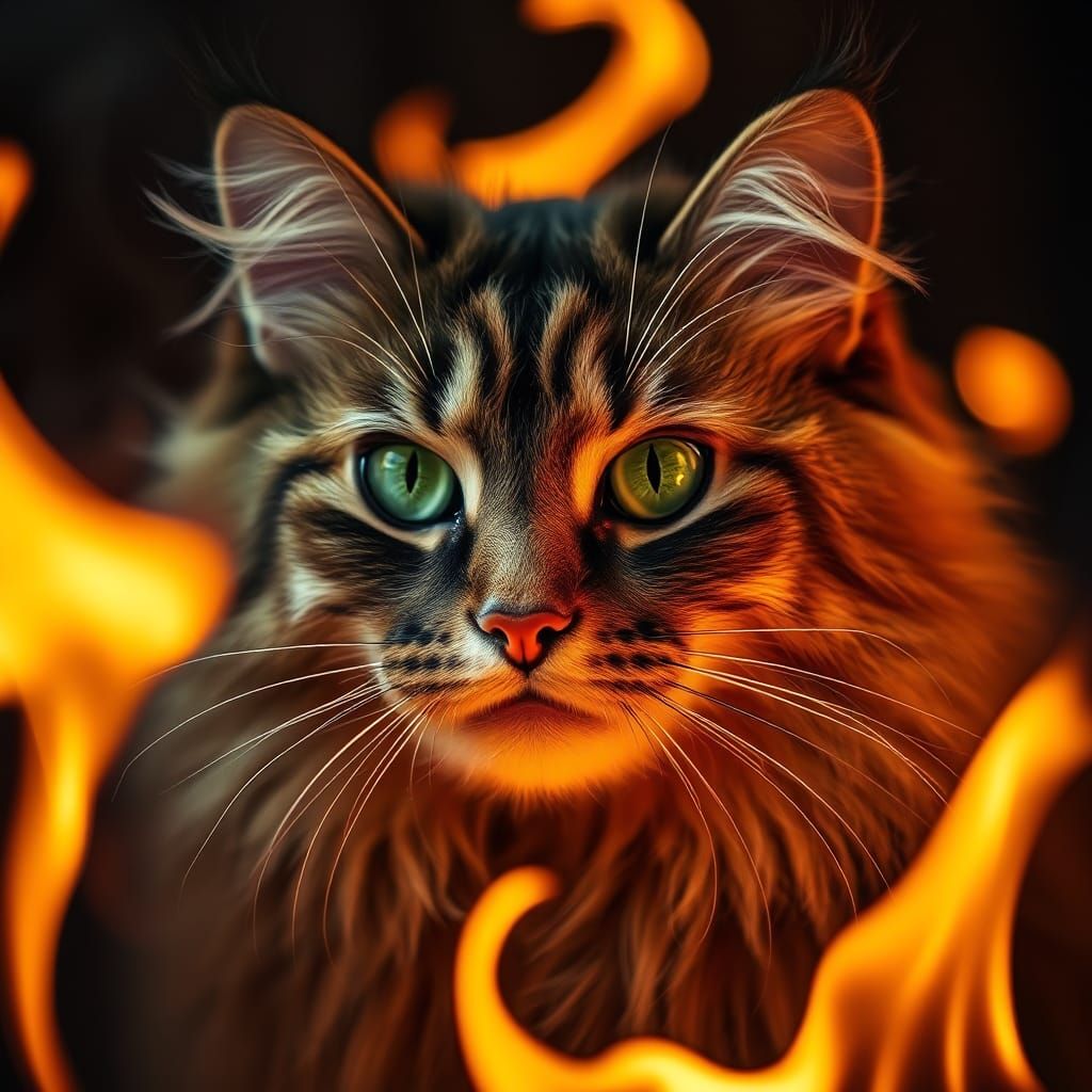 Maine Coon Cat in Fiery, Hyperrealistic Portrait