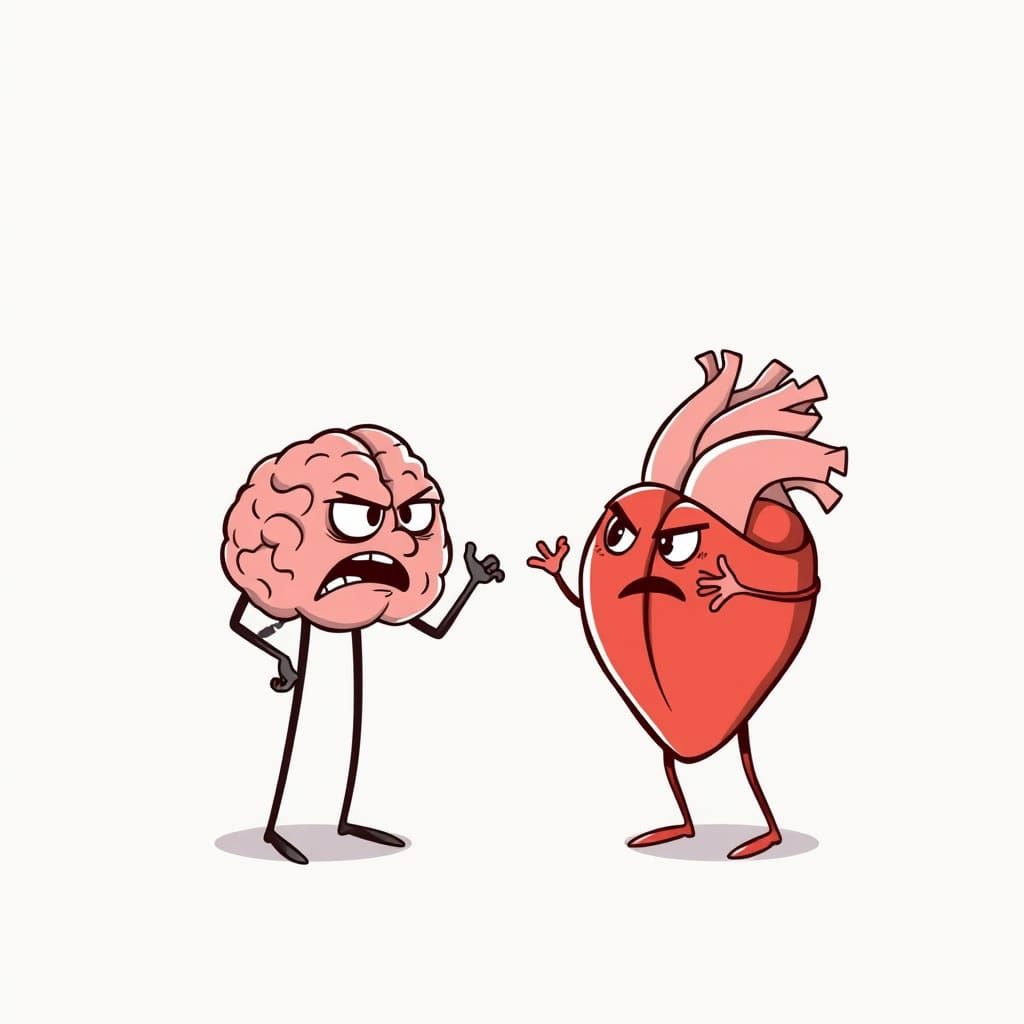 Brain and Heart Argue in Cartoon Style