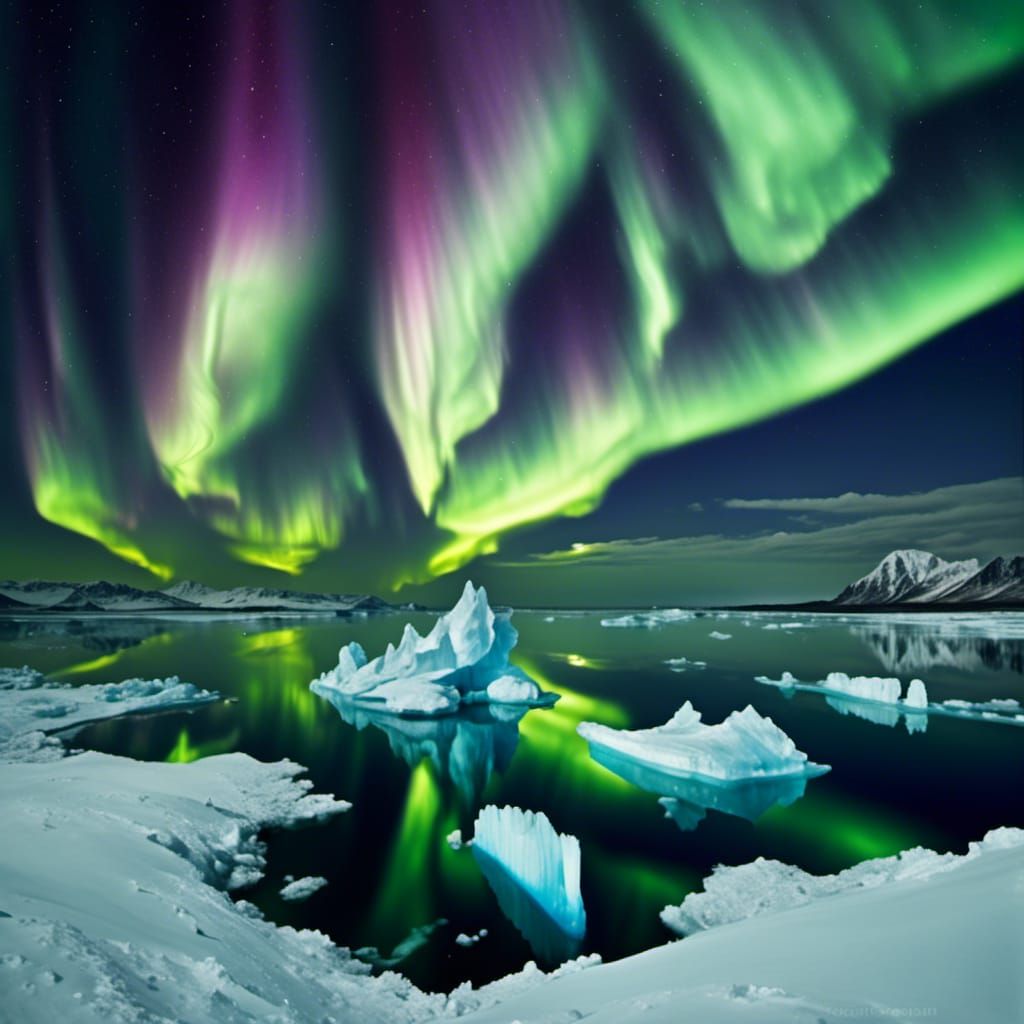 Hyperreal Icebergs and Aurora Borealis Fantasy