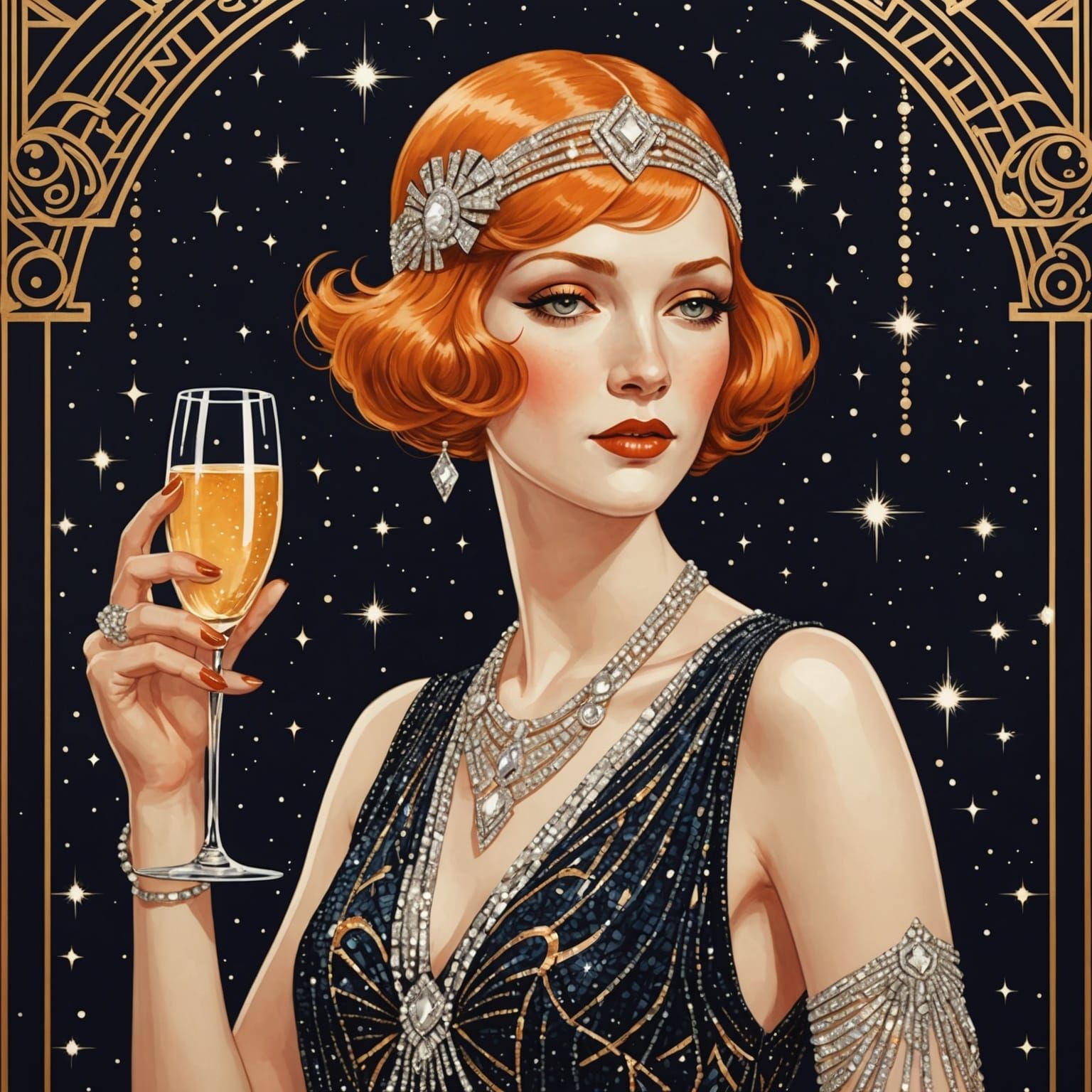 Art Deco Flapper Girl with Champagne, Klimt Style