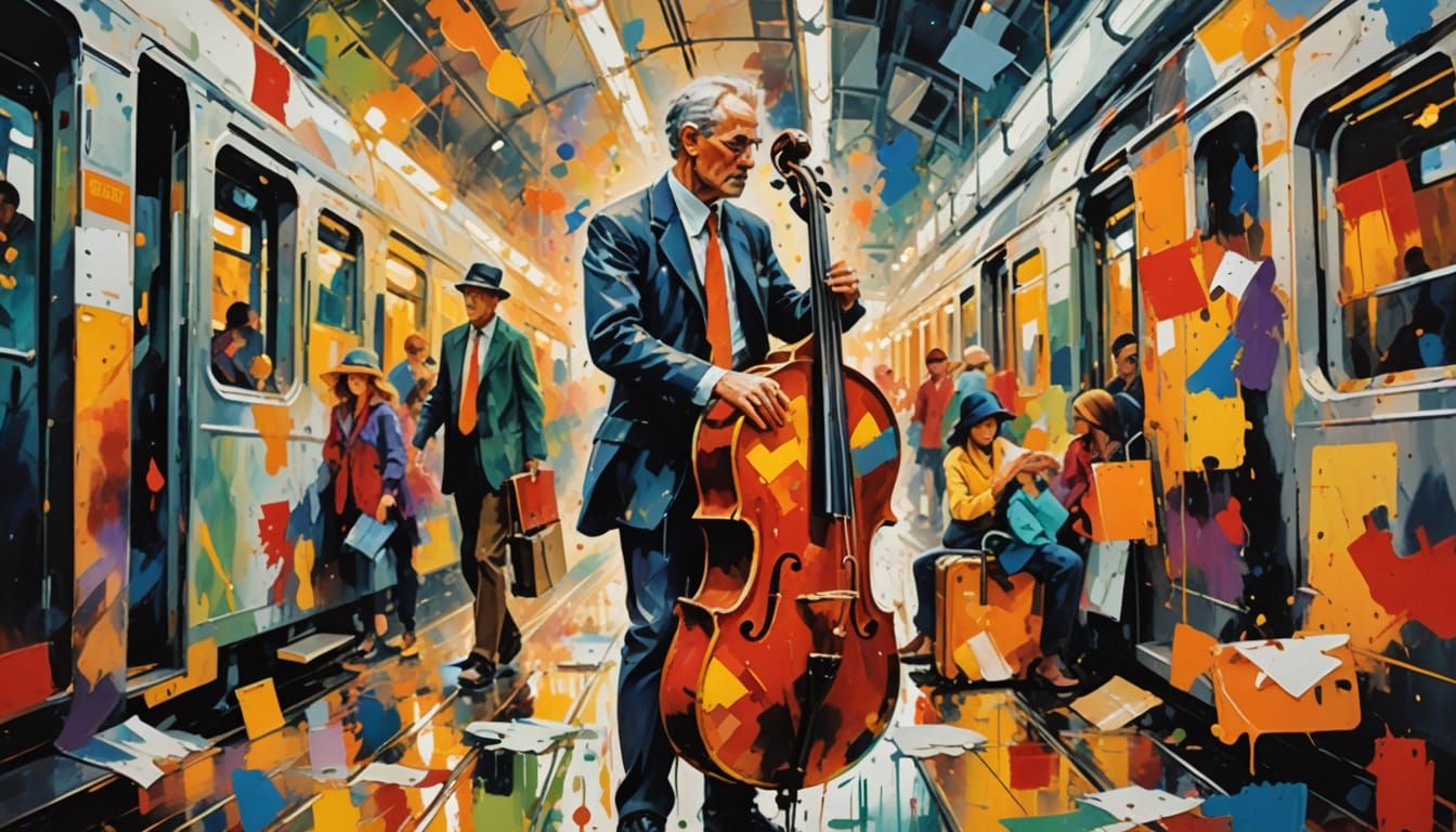 Festive Train Station in Abstract Expressionist Style