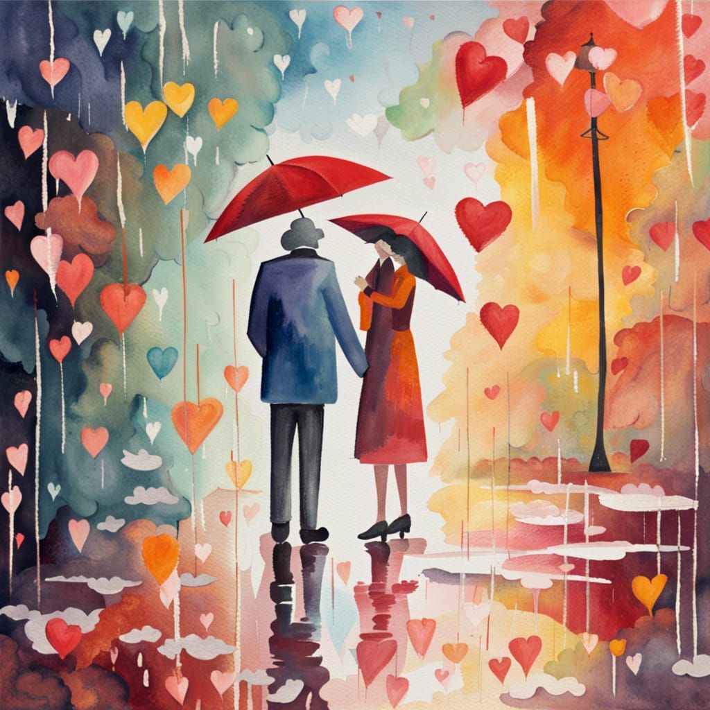 Romantic Gouache Painting: Hearts Rain on Couple
